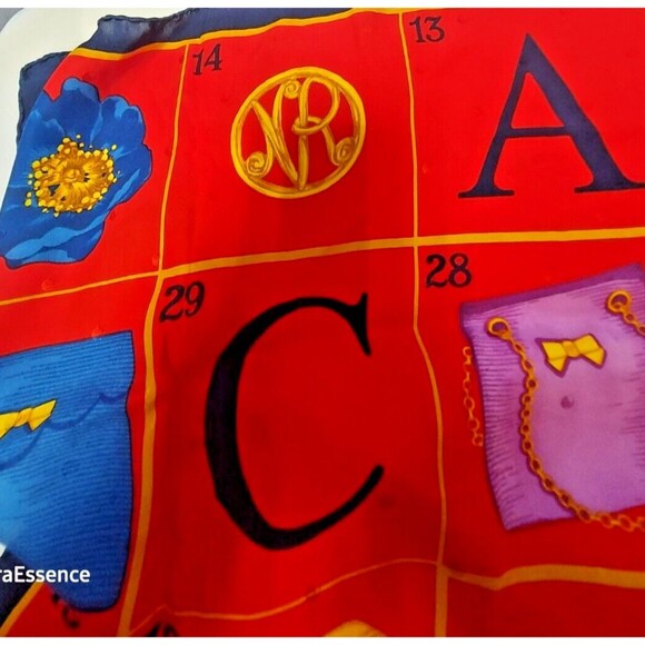 Vintage 1980s Nina Ricci Silk Scarf Printed Logo Hand Rolled Hem Gorgeous - Picture 6 of 9